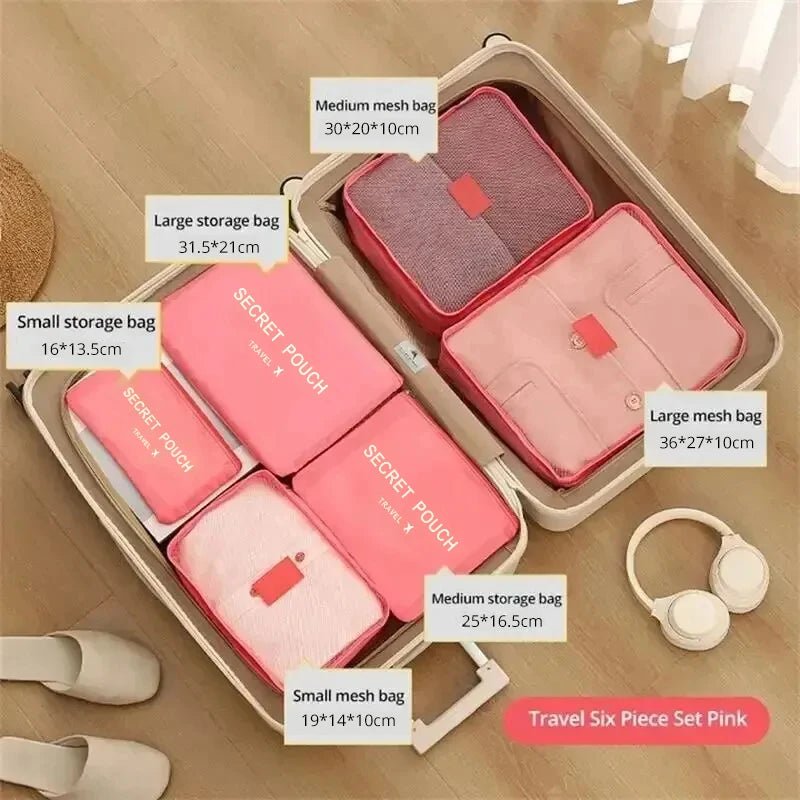 6 Pcs/Set Pink/Blue/Grey Travel Storage Bag Large Capacity Waterproof Luggage Clothing Underwear Storage Bag Bag With Zipper - Skybound Travel