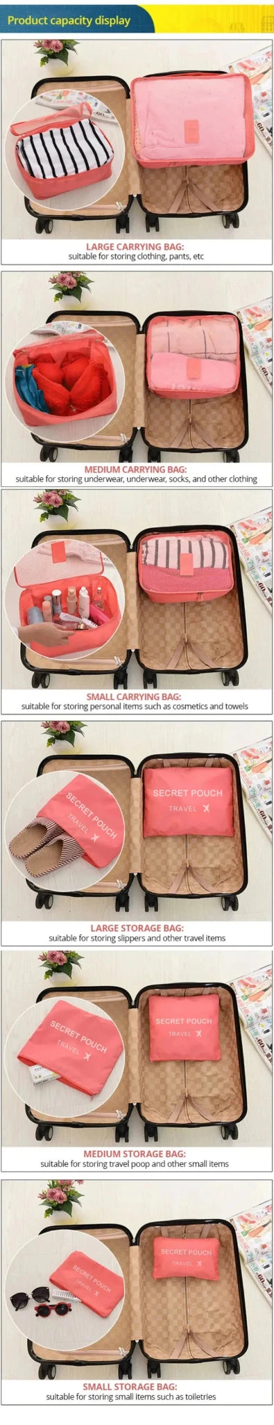 6 Pcs/Set Pink/Blue/Grey Travel Storage Bag Large Capacity Waterproof Luggage Clothing Underwear Storage Bag Bag With Zipper - Skybound Travel