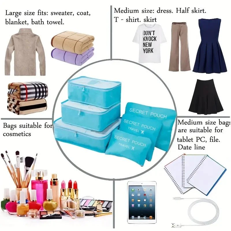 6 Pcs/Set Pink/Blue/Grey Travel Storage Bag Large Capacity Waterproof Luggage Clothing Underwear Storage Bag Bag With Zipper - Skybound Travel