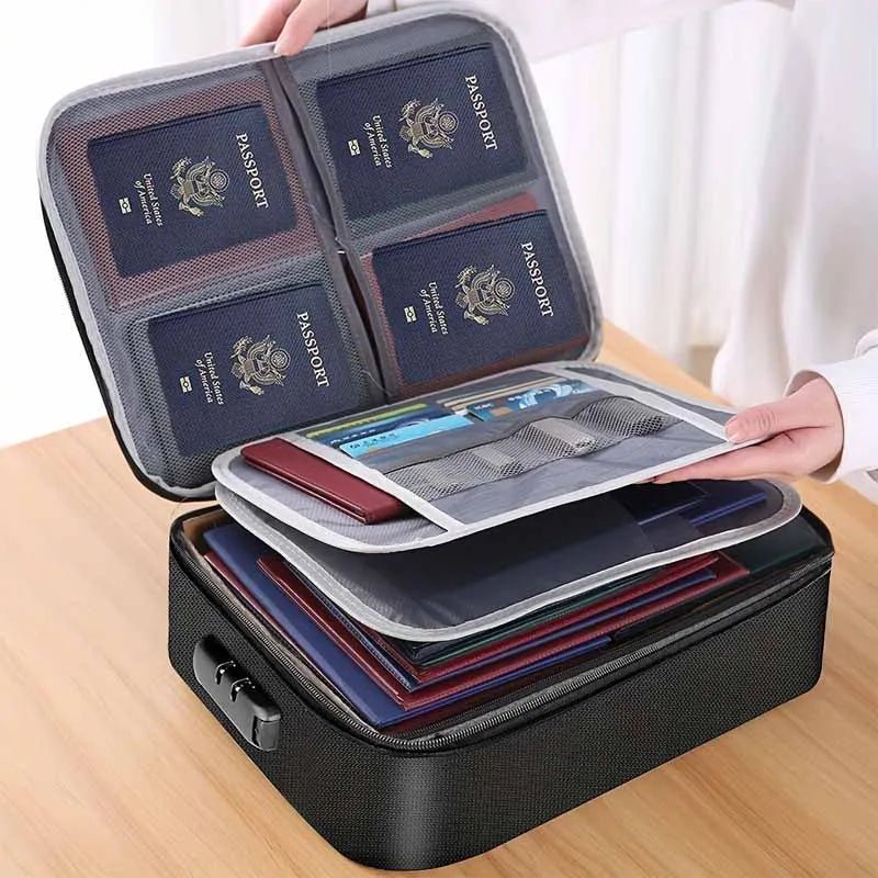 Fireproof Black Document Bag , Water-resistant Zipper Portable LaptopFiles Certificates Organizer Box , Multi-compartment File - Skybound Travel