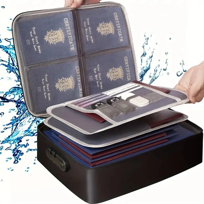 Fireproof Black Document Bag , Water - resistant Zipper Portable LaptopFiles Certificates Organizer Box , Multi - compartment File - Skybound Travel