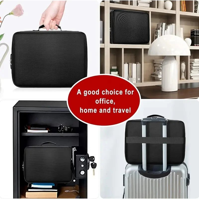 Fireproof Black Document Bag , Water-resistant Zipper Portable LaptopFiles Certificates Organizer Box , Multi-compartment File - Skybound Travel