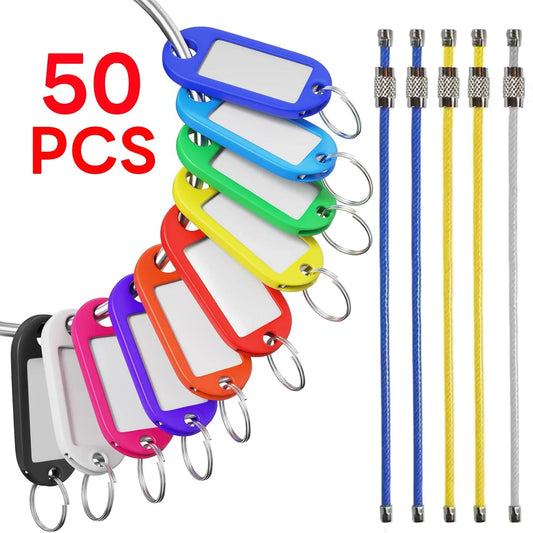 Key Tag Set (50 Plastic Key Labels & 5 Cable Key Rings) - Versatile for USB Drives, Luggage, Home/Office Key - Skybound Travel
